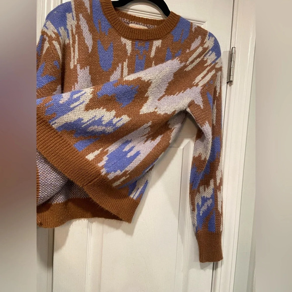 Knox Rose Fuzzy Blue Brown Aztec Long Sleeve Crew Neck Pullover Sweater Size XS - Picture 4 of 10